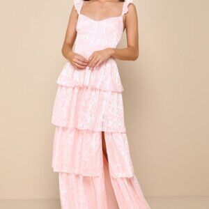 Lulus Stunning Glory Light Pink Floral Jacquard Tiered Maxi Dress - Size M